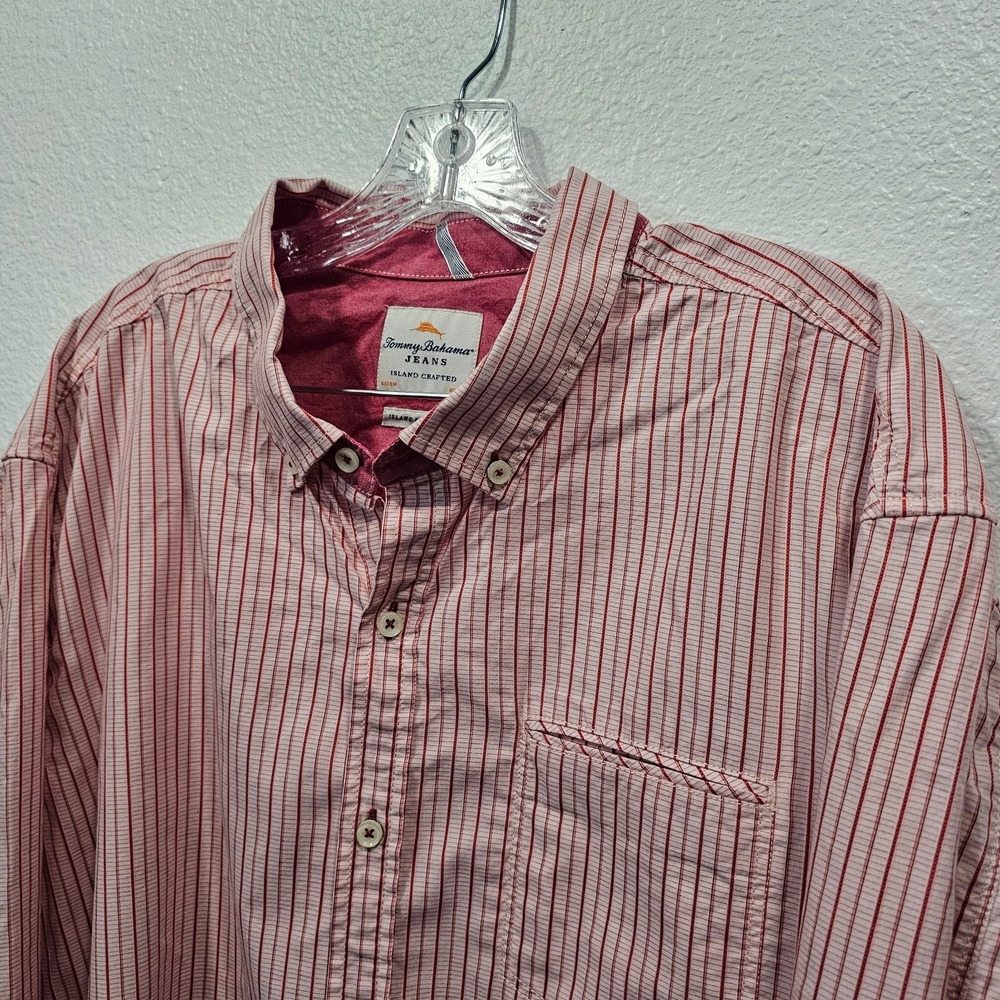 Tommy Bahama Red Striped cotton Blend Long Sleeve Button Front Polo Men's XXL